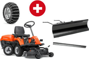 Husqvarna R 112C mit Mähdeck Combi 85 – Winterpaket mit Schneeschild, Gummileiste und Schneeketten – Modell 2025